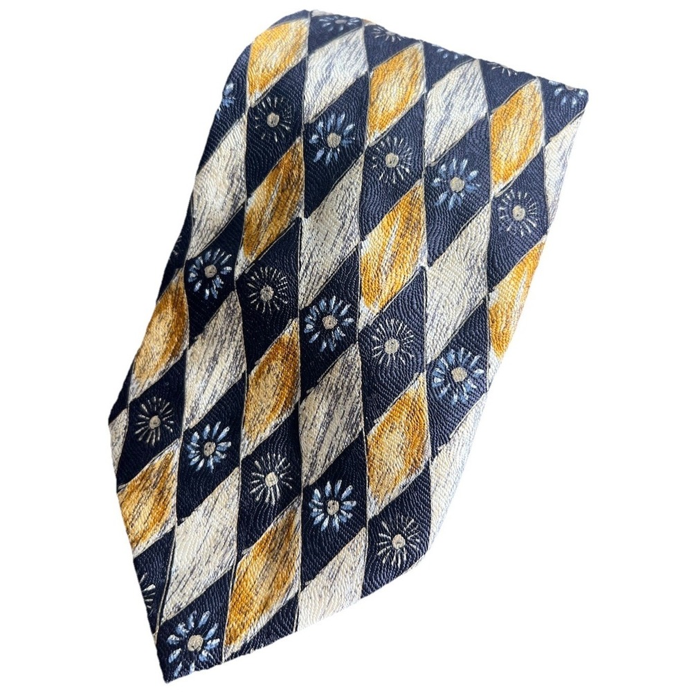 Alcione Milano Men's Tie Navy Blue Gold Diamonds‎ Flowers Silk Italy